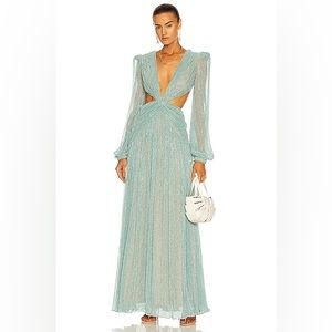 $895 PatBo Lurex Cut Plunge Out Sparkly Gown Seafoam Blue Sz 2